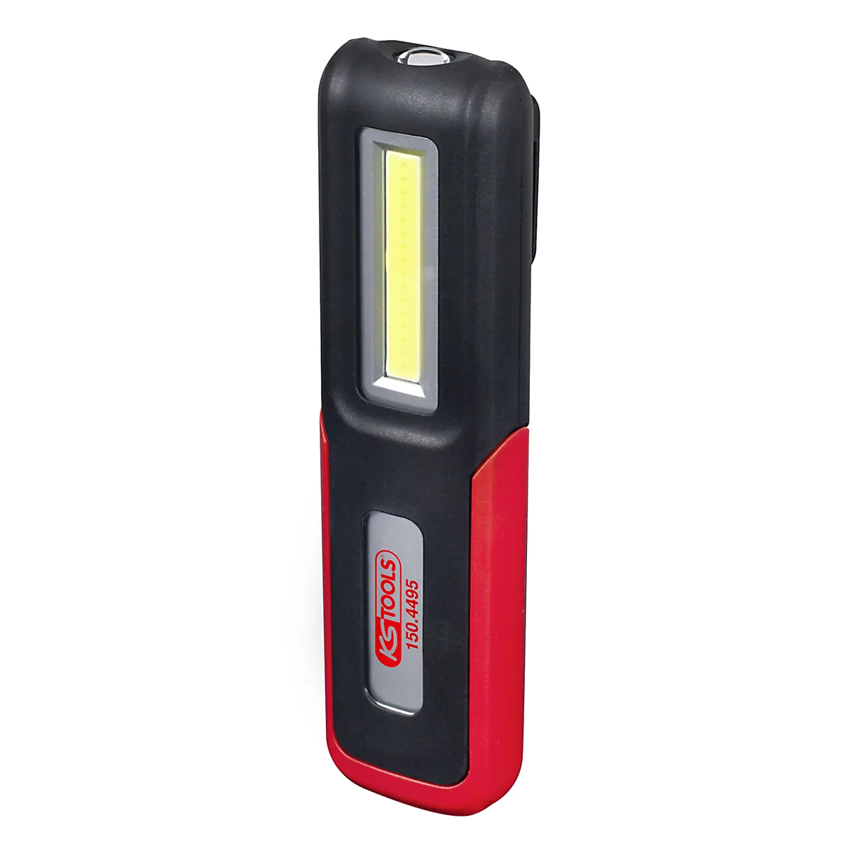 Zwarte, rode en zilveren werklamp van KS TOOLS. De lamp heeft een rechthoekig ontwerp met een wit lichtveld en een metalen clip.
